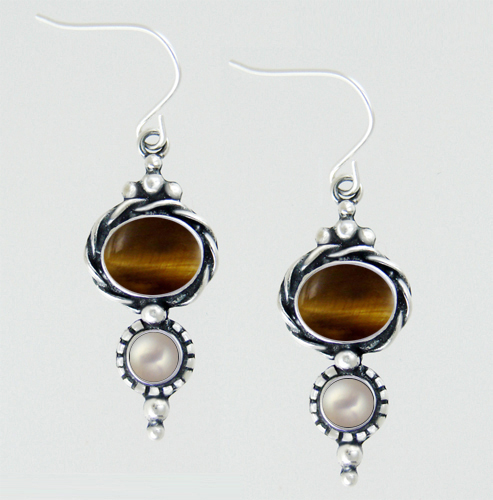 Sterling Silver Drop Dangle Earrings With Tiger Eye And Cultured Freshwater Pearl